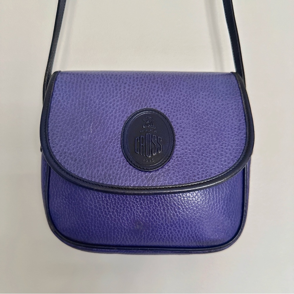 Vtg Mark Cross Pebble Leather Crossbody Bag in Royal Purple Made in Italy 80-90s